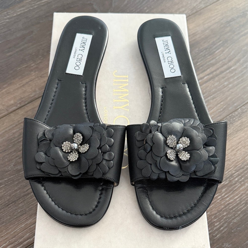 Jimmy Choo Black Floral Crystal-Accent Slide Mules
